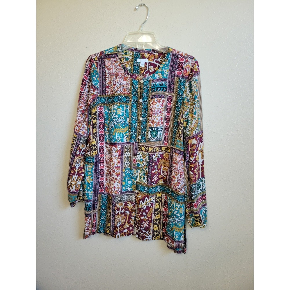 J Jill Tunic Women's Colorful Patchwork Rayon Button Artsy Boho Flowy Blouse M